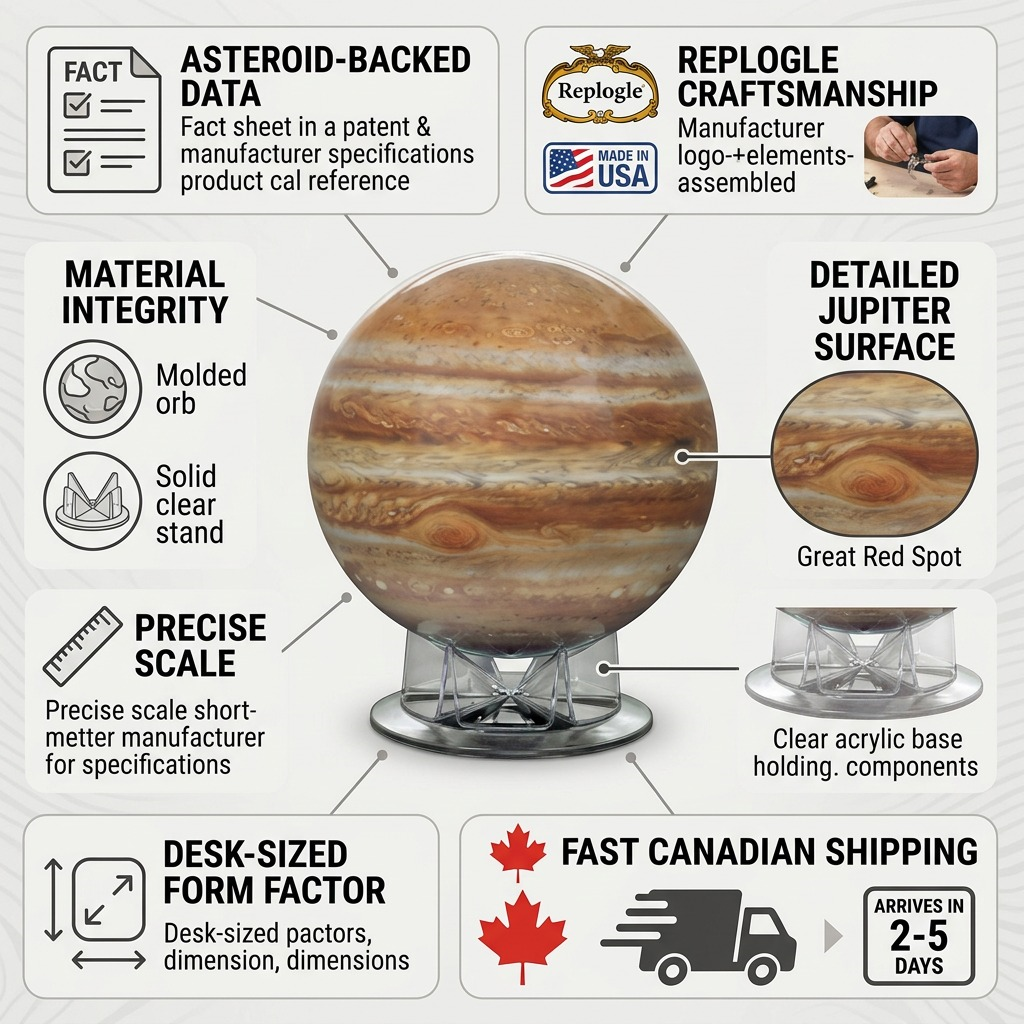 Replogle Astro JUPITER – Globe multicolore — Infographie présentant les caractéristiques