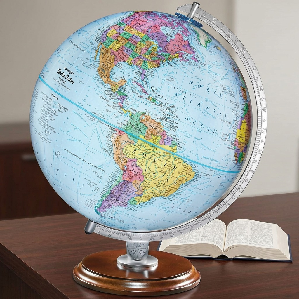 A pure high-resolution hero shot of the Replogle Student Globe 12" Blue Ocean Desk Globe from the front, centered against a clean white background. This image accurately preserves the specific 12-inch diameter globe with its detailed multicolored blue ocean cartography, the metal semi-meridian and mounting, the dark wood base, and all unique product labels visible on the canon image. It features clean lighting and precise, natural shadows.