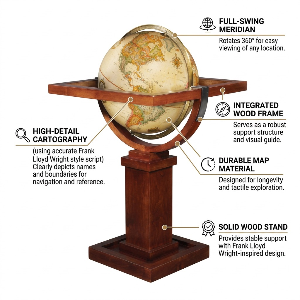 Replogle WRIGHT – Globe antique — Infographie présentant les caractéristiques