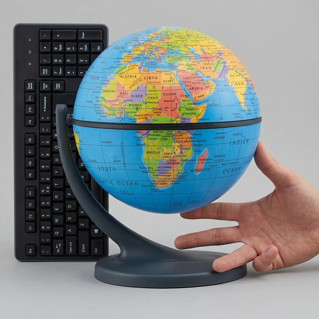 Replogle Wonderglobe 4.3" French map desk globe with blue ocean and dark stand on white background.