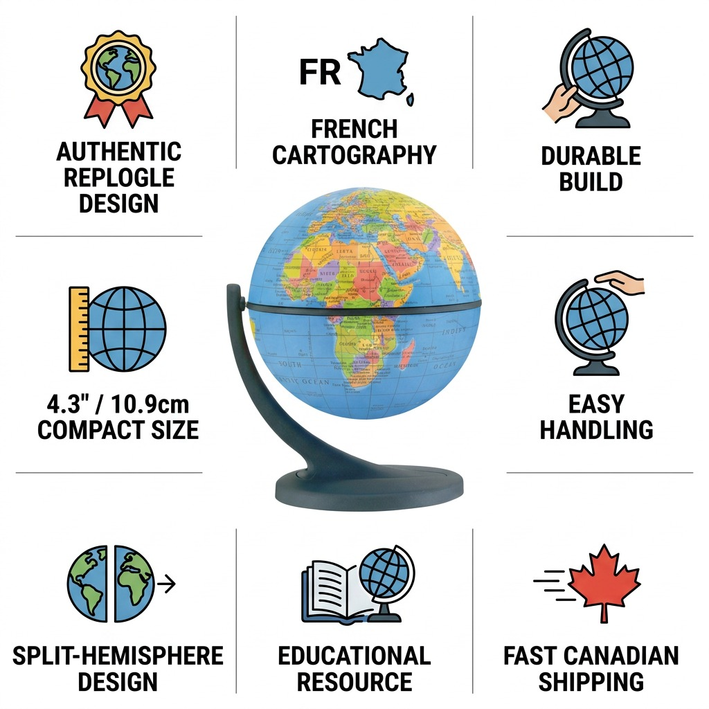 An infographic showcasing the Replogle Wonderglobe with factual icons and short descriptions for confidence.