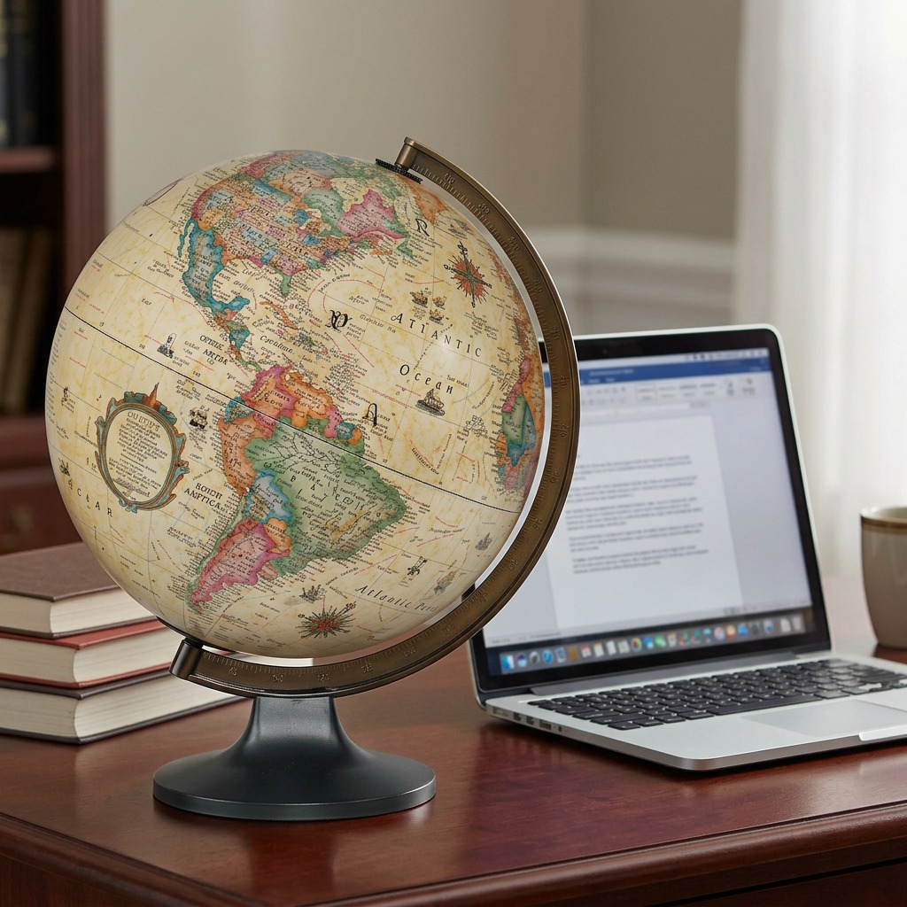 A high-resolution ecommerce hero shot of the Replogle Copenhagen antique ocean desk globe on its black stand against a pure white background.
