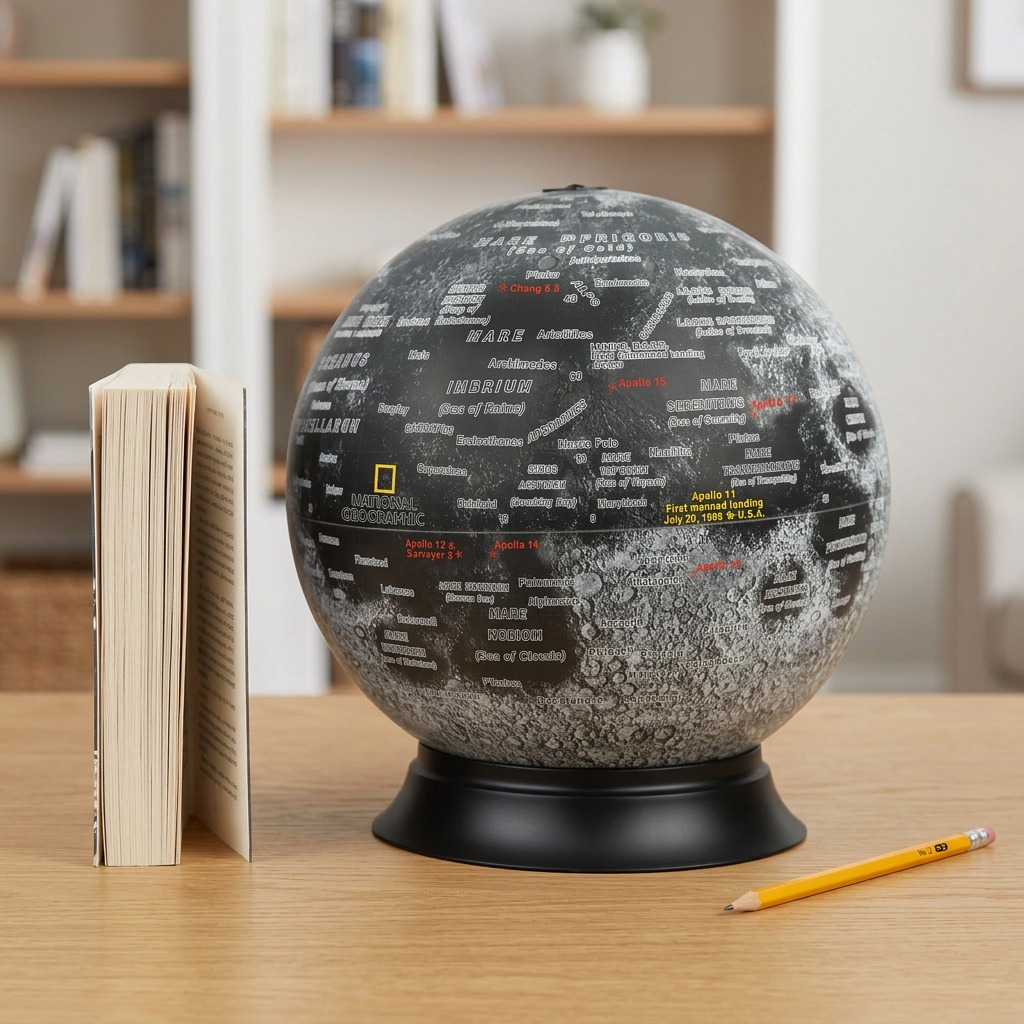 A centered, high-resolution hero shot of the illuminated National Geographic Moon Globe on its black base.