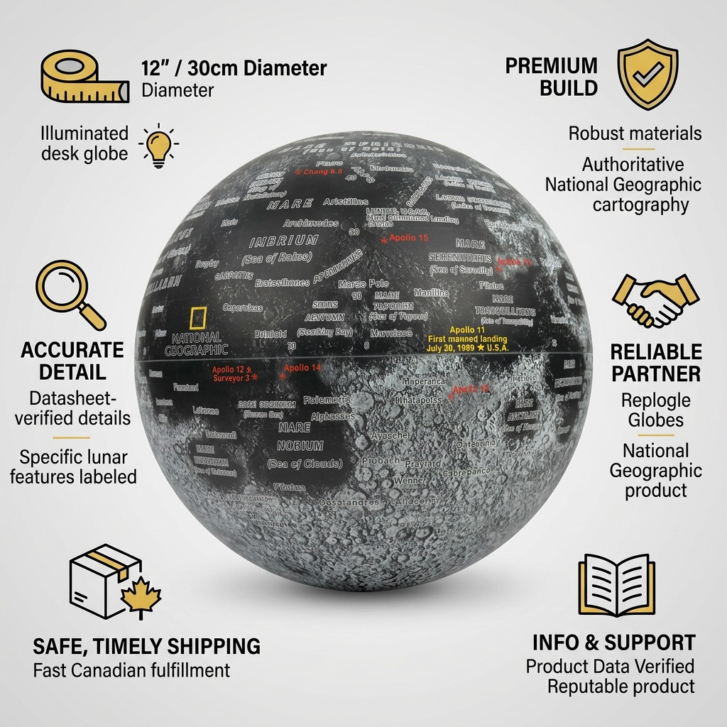 Replogle NG National Geographic – Globe 12 po EN — Infographie présentant les caractéristiques