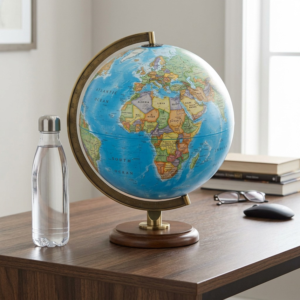 High-resolution hero shot of the 12" National Geographic Hudson Blue Ocean Desk Globe with walnut-finished hardwood base.