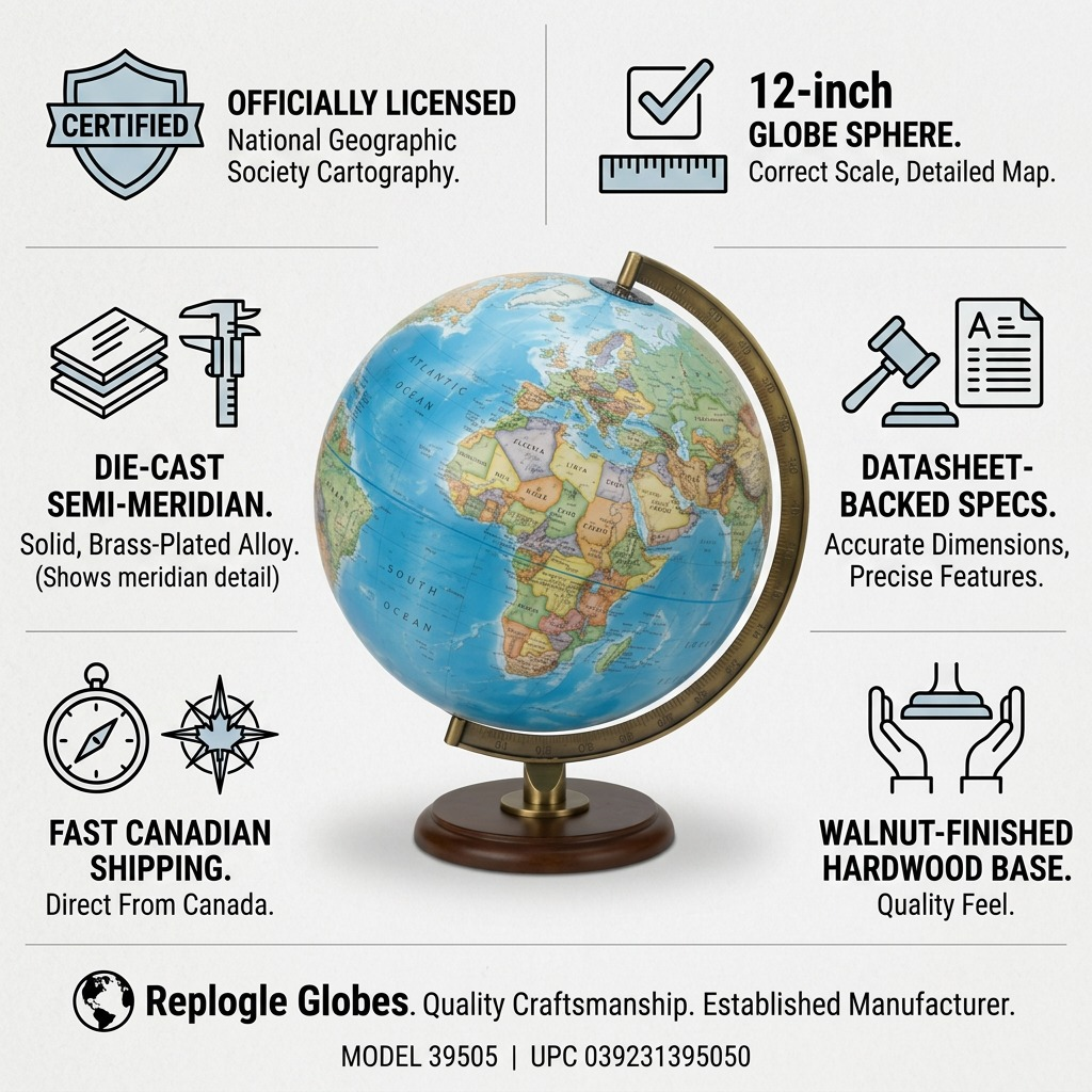 Trust and authority infographic for the 12" National Geographic Hudson Desk Globe with walnut and die-cast base.