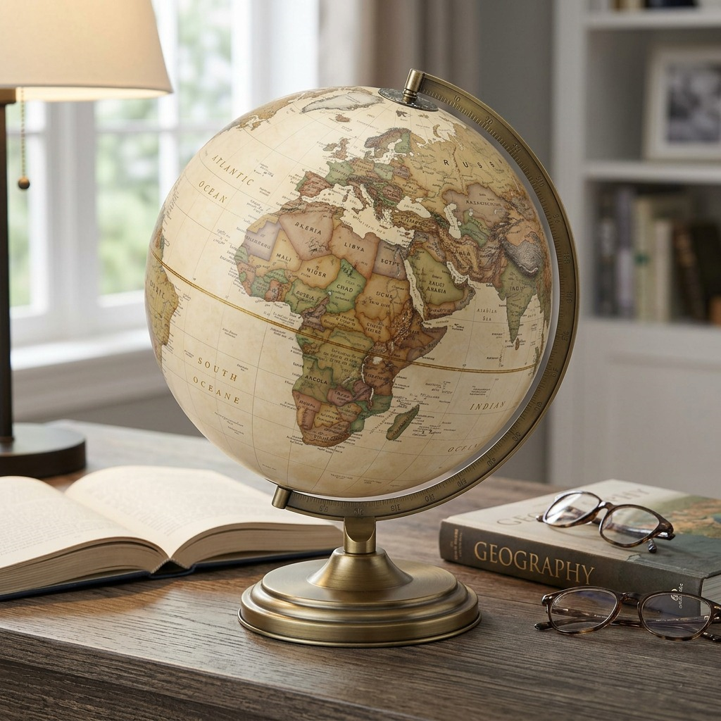 High-resolution hero shot of the vintage-style Replogle Grosvenor antique parchment ocean desk globe on its brass-finished stand.