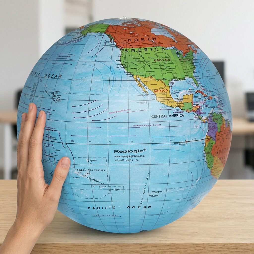Pure white background studio shot of the Replogle Globes Inflatable Blue Ocean Globe, 16"/40.5Cm Diameter, centered and fully inflated. Retains all original political markings and manufacturer logos.
