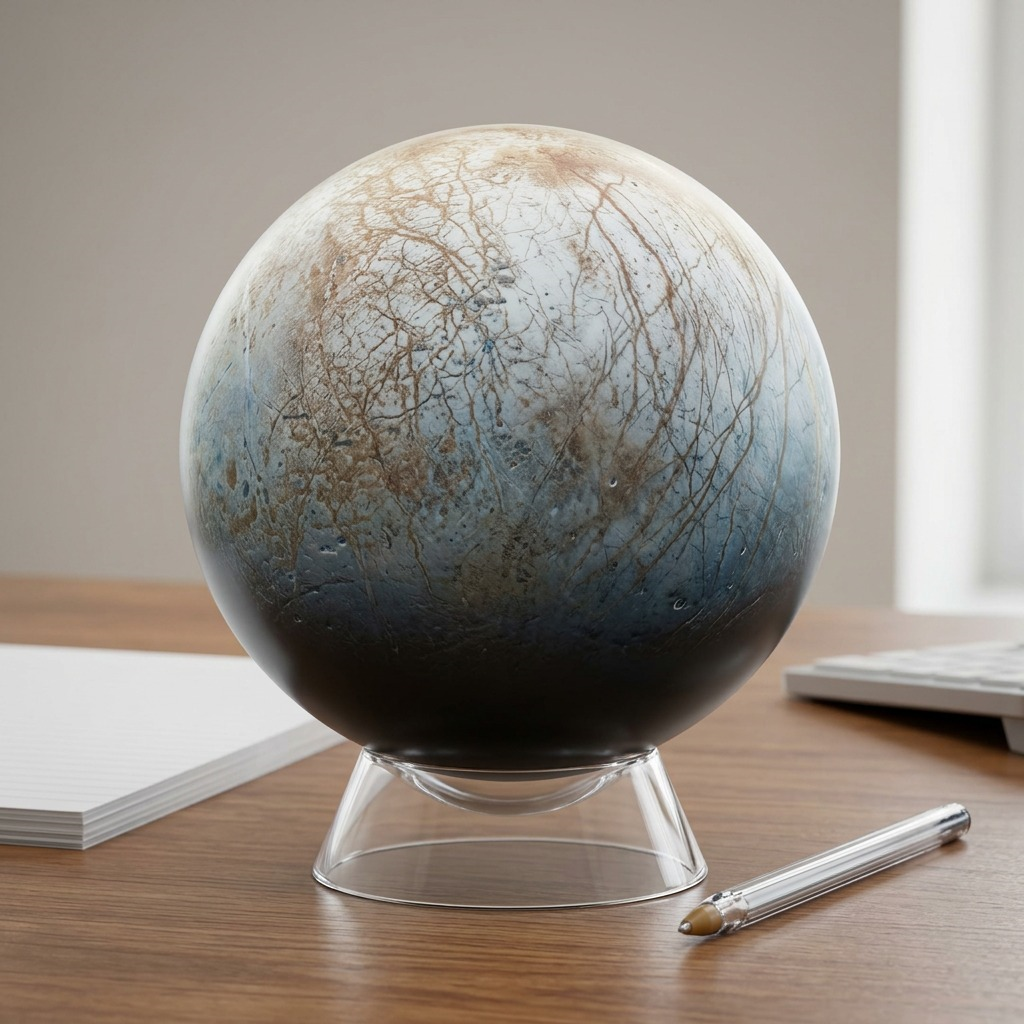A precise product photograph of the Replogle Globes Astronomy Magazine EUROPA globe on its clear stand.
