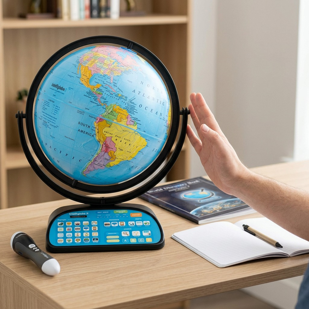 Pure hero shot of the Intelliglobe II interactive globe, pen, and World Discovery Book on a clean white background.
