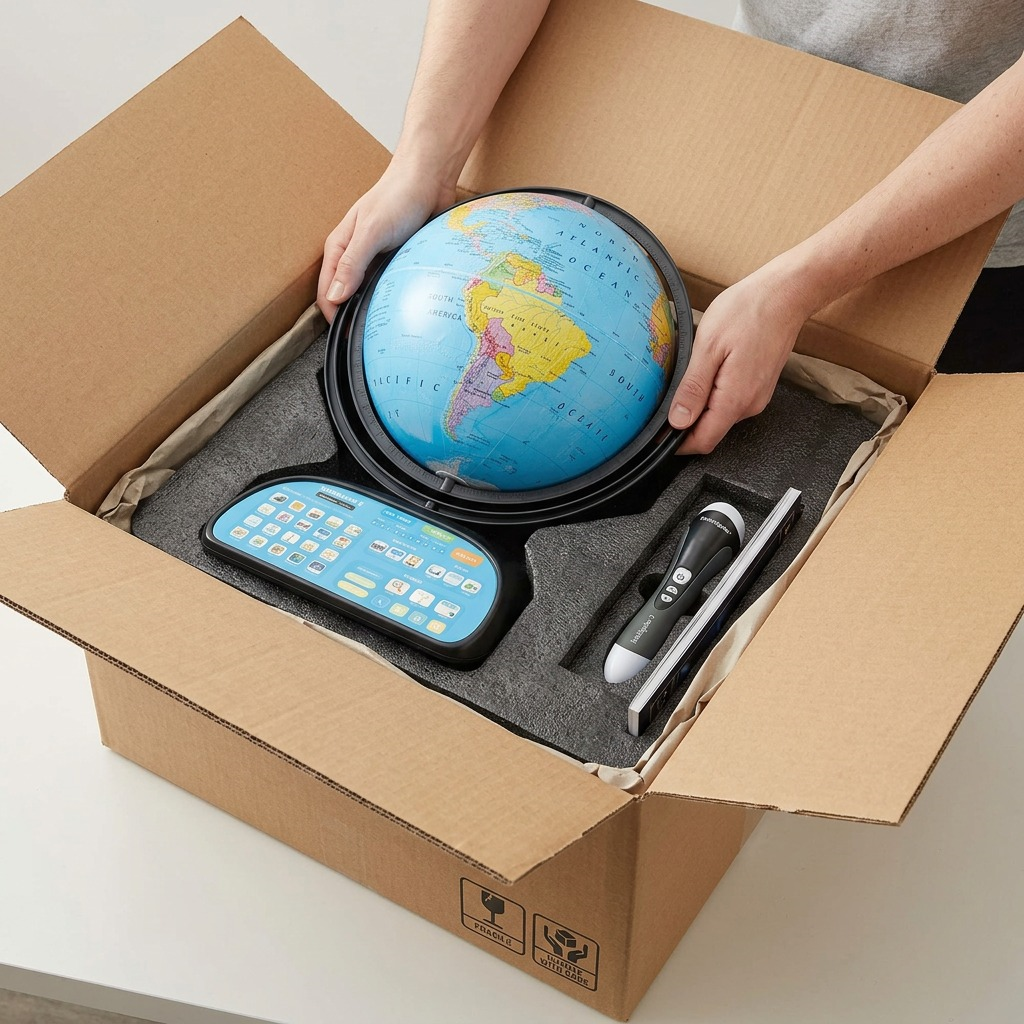 A realistic, premium unboxing scene of the Intelliglobe II, protected by foam and neutral cardboard.