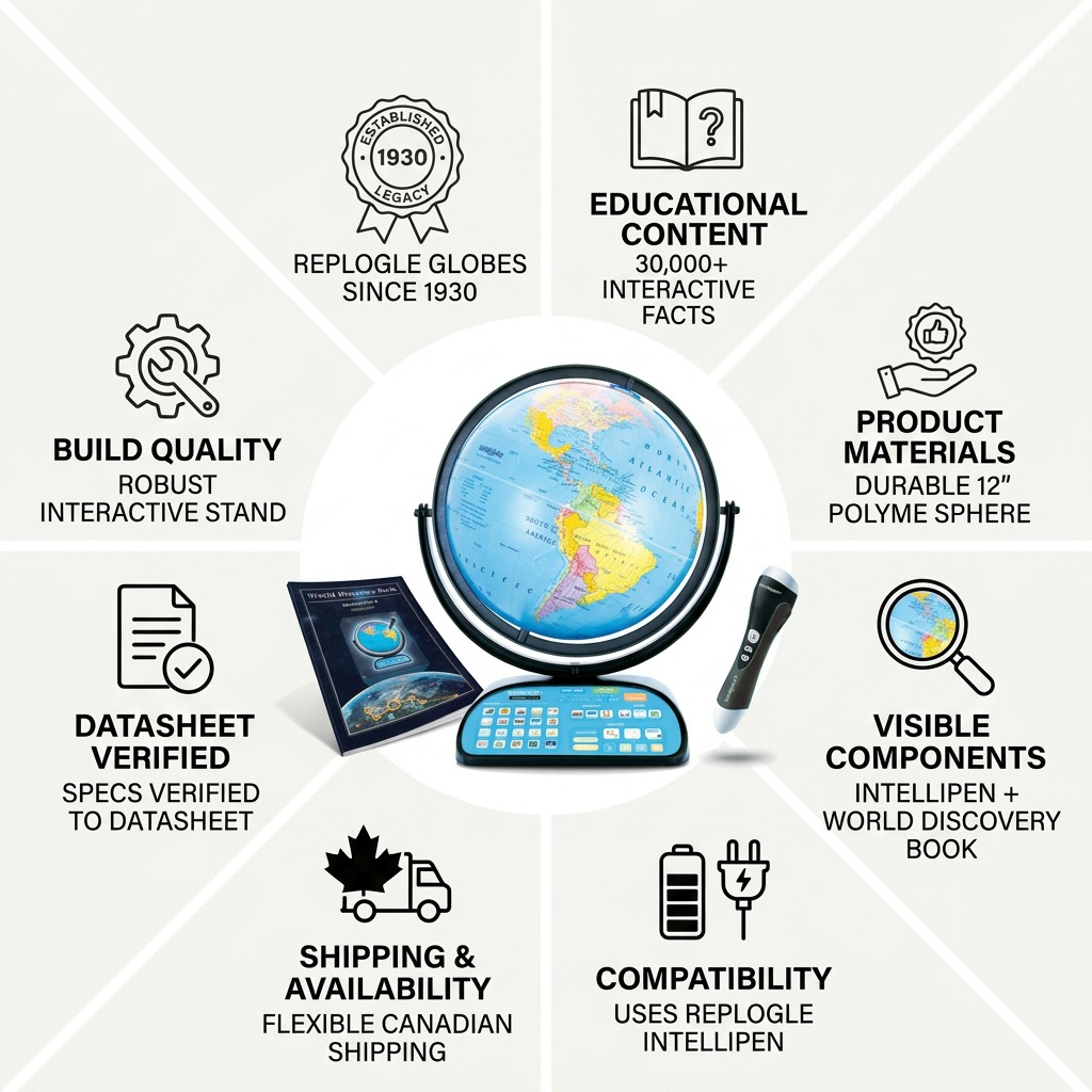 Trust and authority infographic showing facts for the Replogle Intelliglobe II with Canadian shipping.