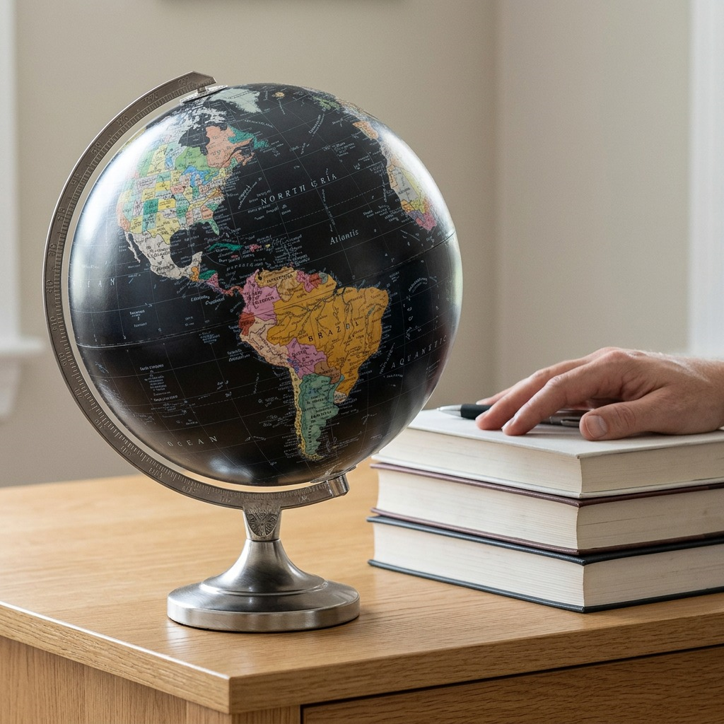 A crisp hero shot of the illuminated black ocean desk globe.