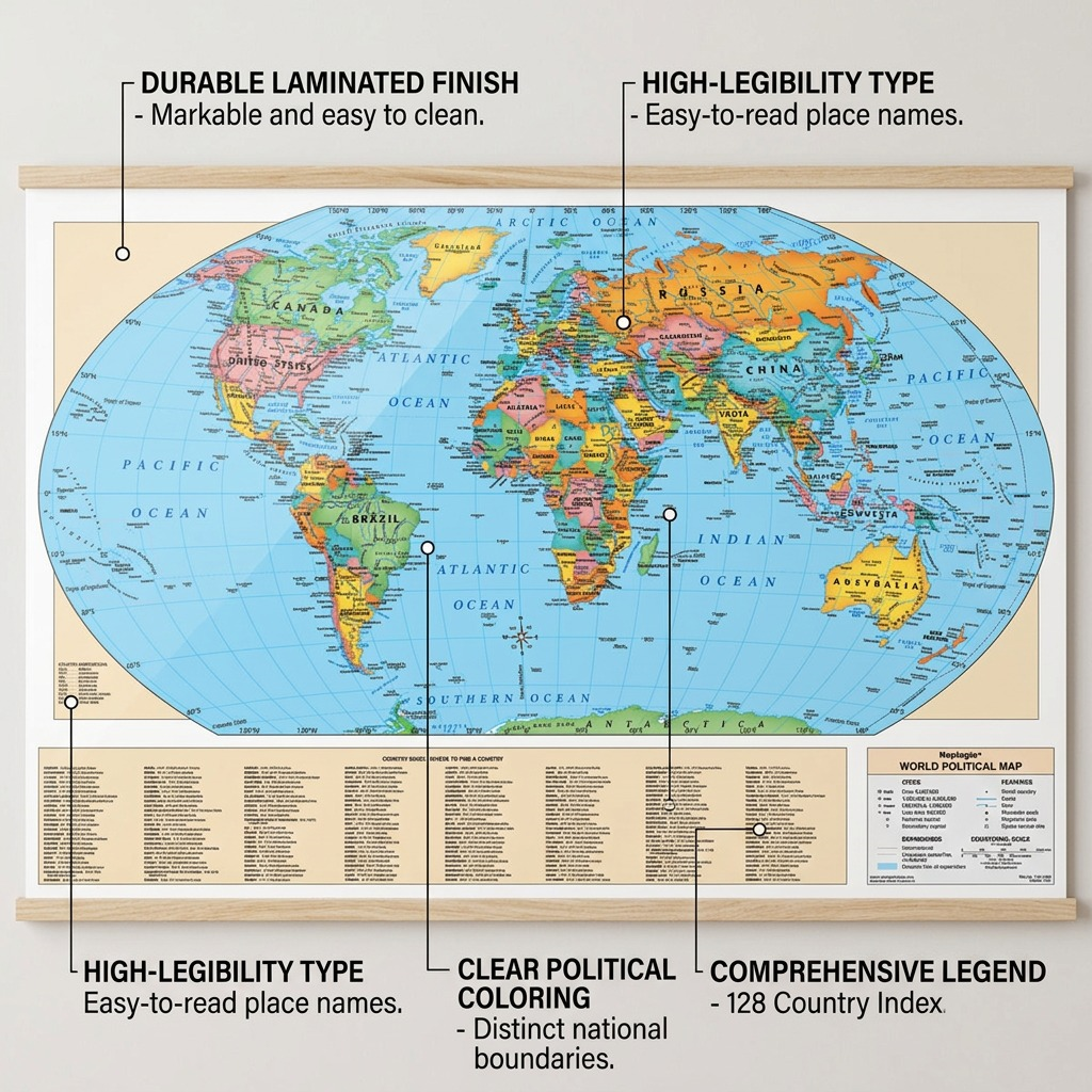 Replogle – Carte du monde laminée, bleu EN — Infographie présentant les caractéristiques