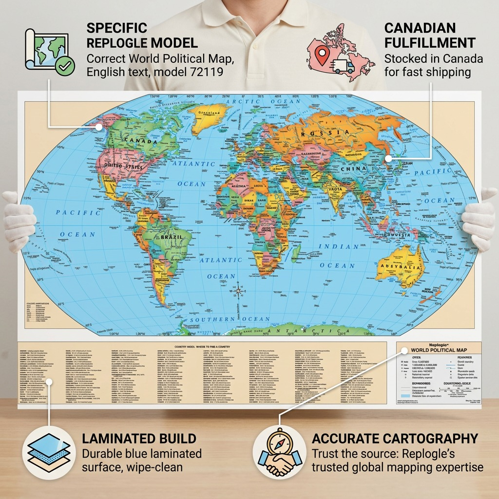 Replogle – Carte du monde laminée, bleu EN — Présentation du produit et de son emballage