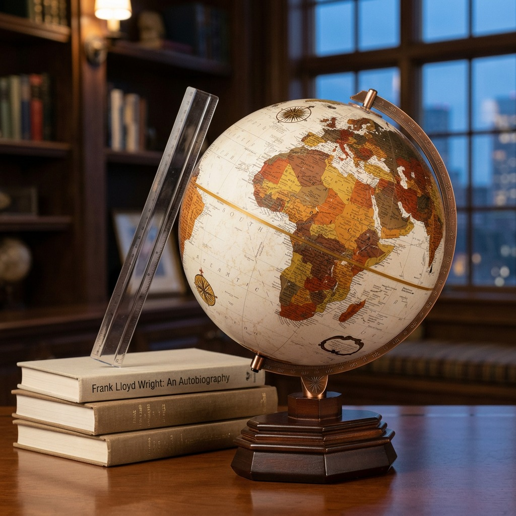 A premium, high-resolution product photography hero shot of the Replogle Globes USONIAN, featuring its antique bronze metallic full meridian, dark stacked wood base, and warm-toned map with accurate geography, precisely centered in a pure white vacuum. All details and proportions are identical to the reference.