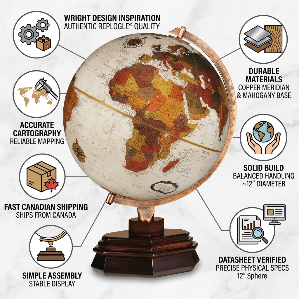 Replogle USONIAN – Globe bronze — Infographie présentant les caractéristiques