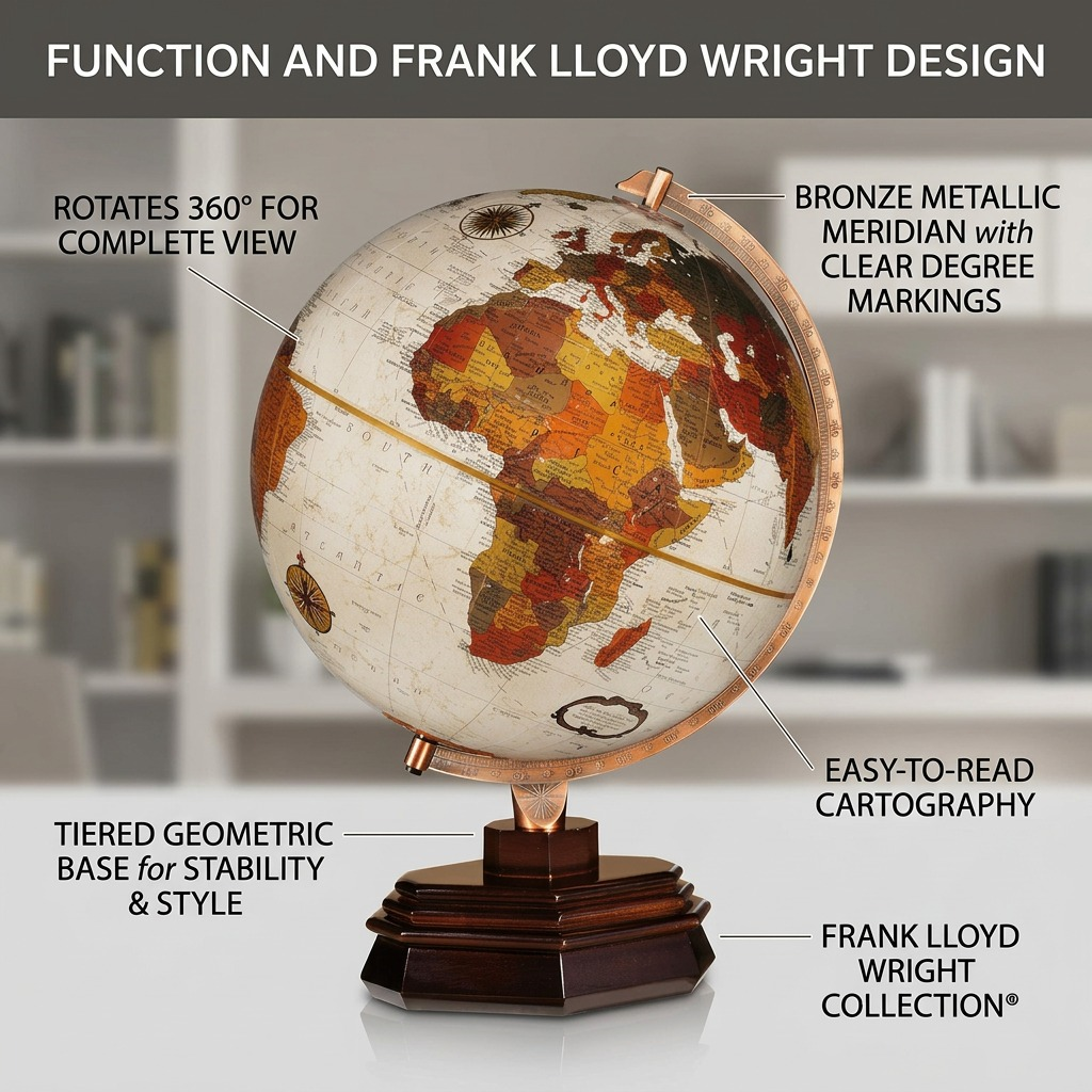 Replogle USONIAN – Globe bronze — Infographie présentant les caractéristiques