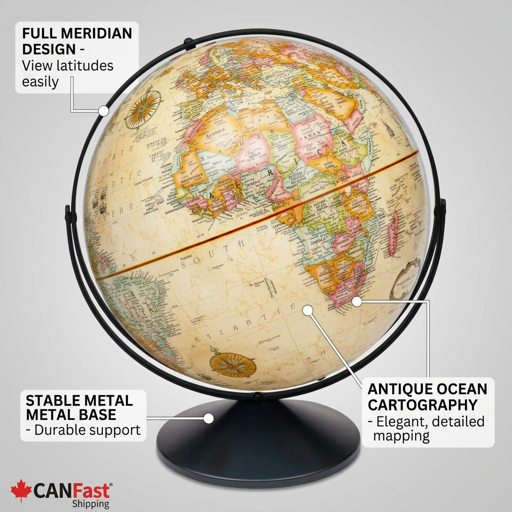 Replogle Eureka – Globe 16 po antique EN — Infographie présentant les caractéristiques