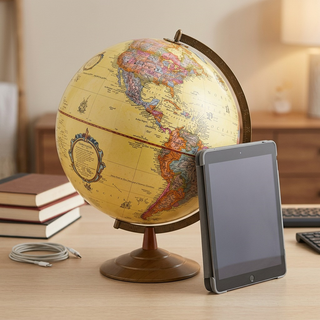 High-resolution hero shot of the 12" Replogle Globemaster antique ocean desk globe on its brass-finish metal base.