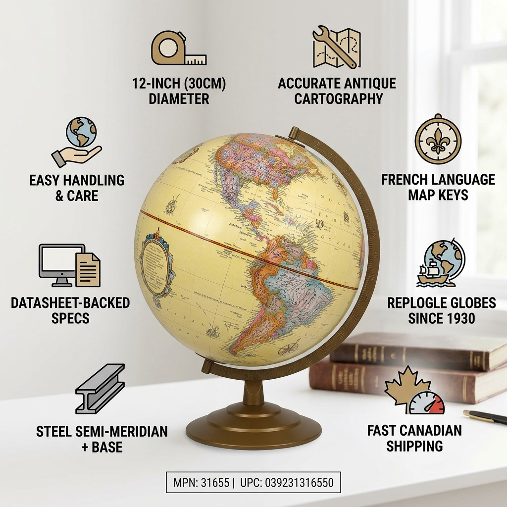 Replogle Globemaster – Globe de bureau 12 po antique FR — Présentation du produit et de son emballage