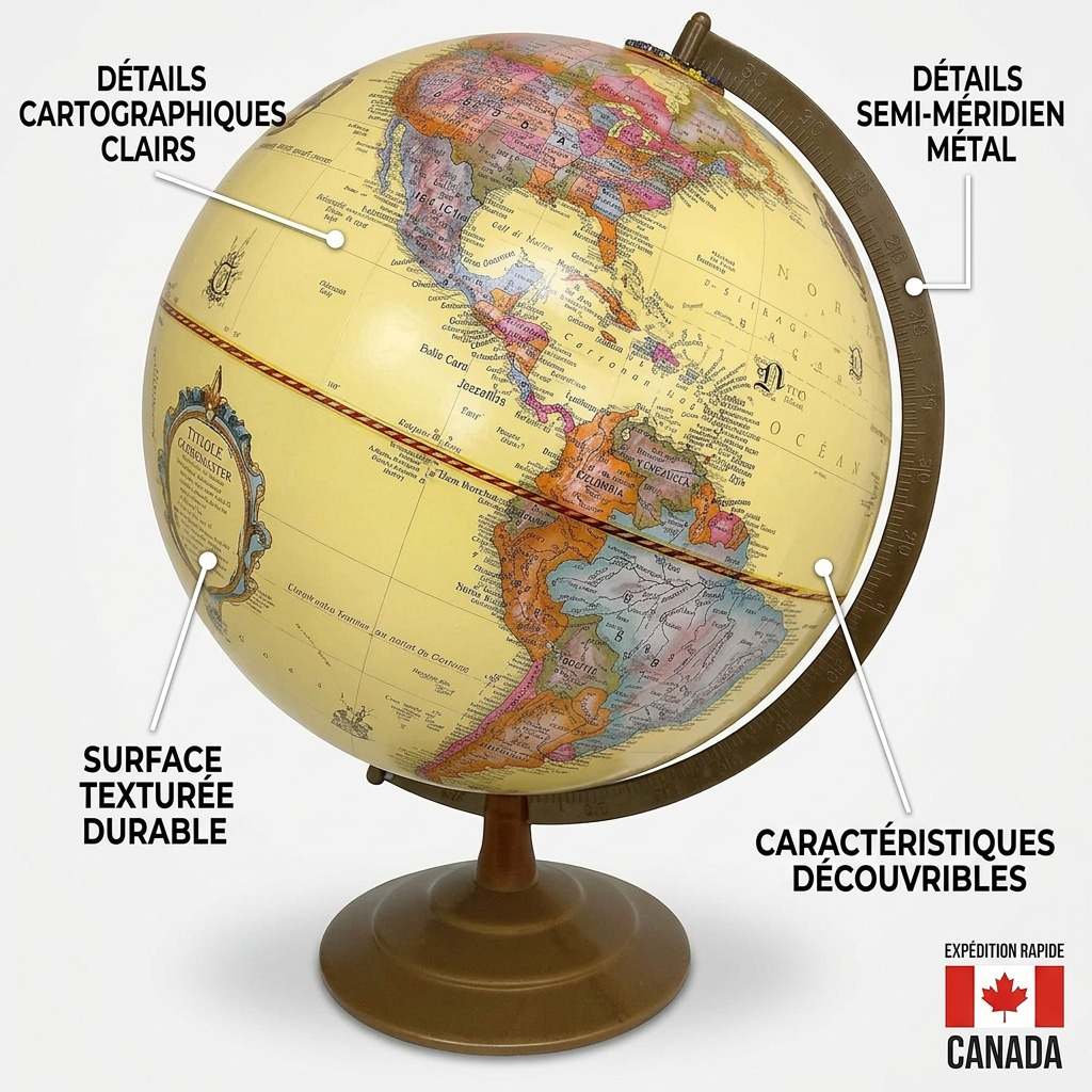 Replogle Globemaster – Globe de bureau 12 po antique FR — Infographie présentant les caractéristiques