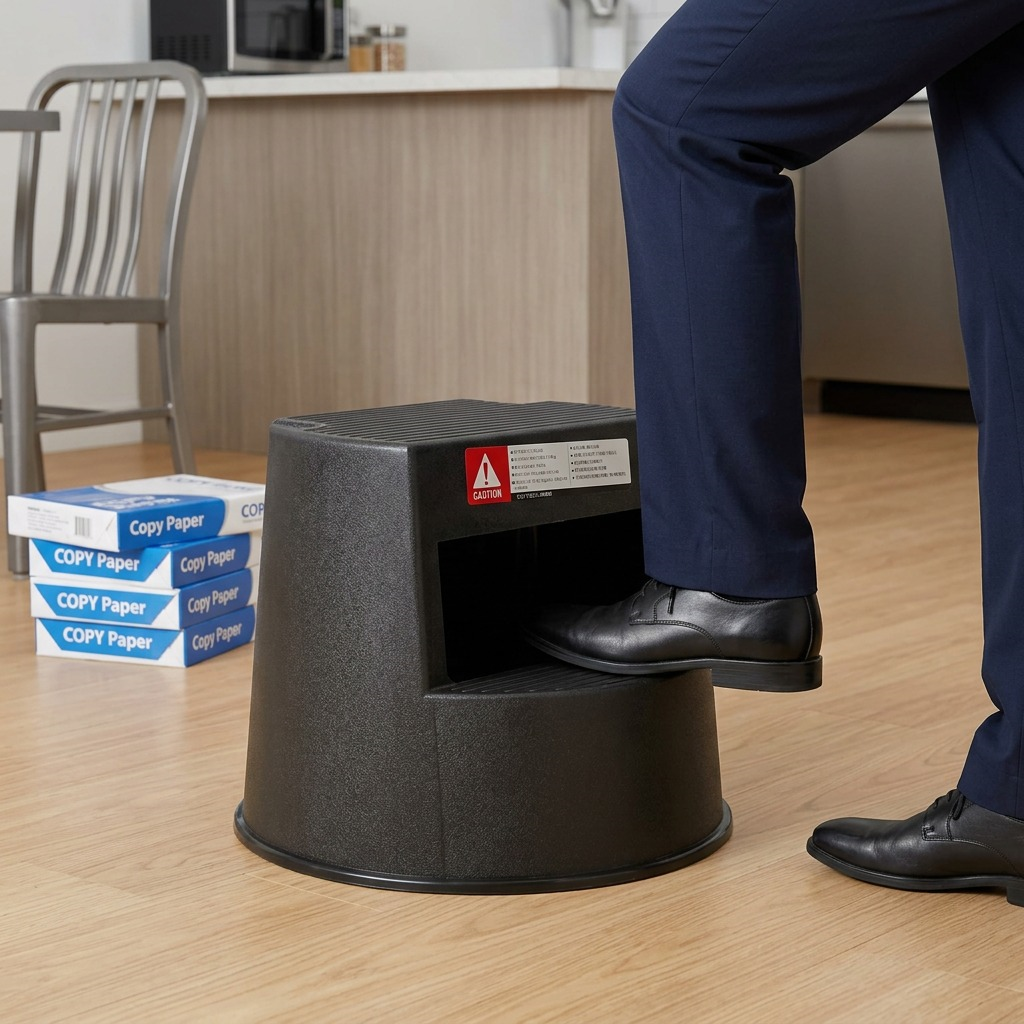 Globe Commercial Products 5250 black mobile step stool with non-slip treads and caution label.