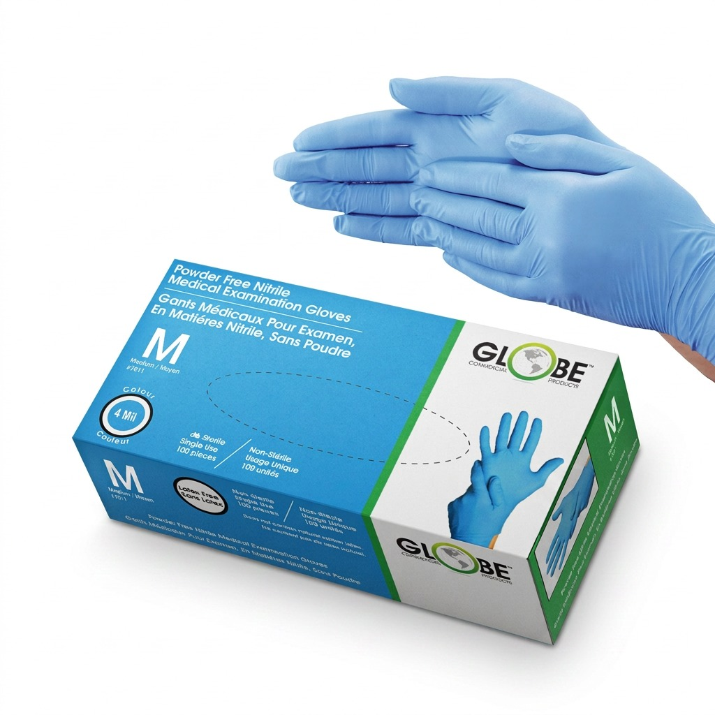 Box of Globe 4 mil powder-free sky blue nitrile medical exam gloves, medium size, 100 count.