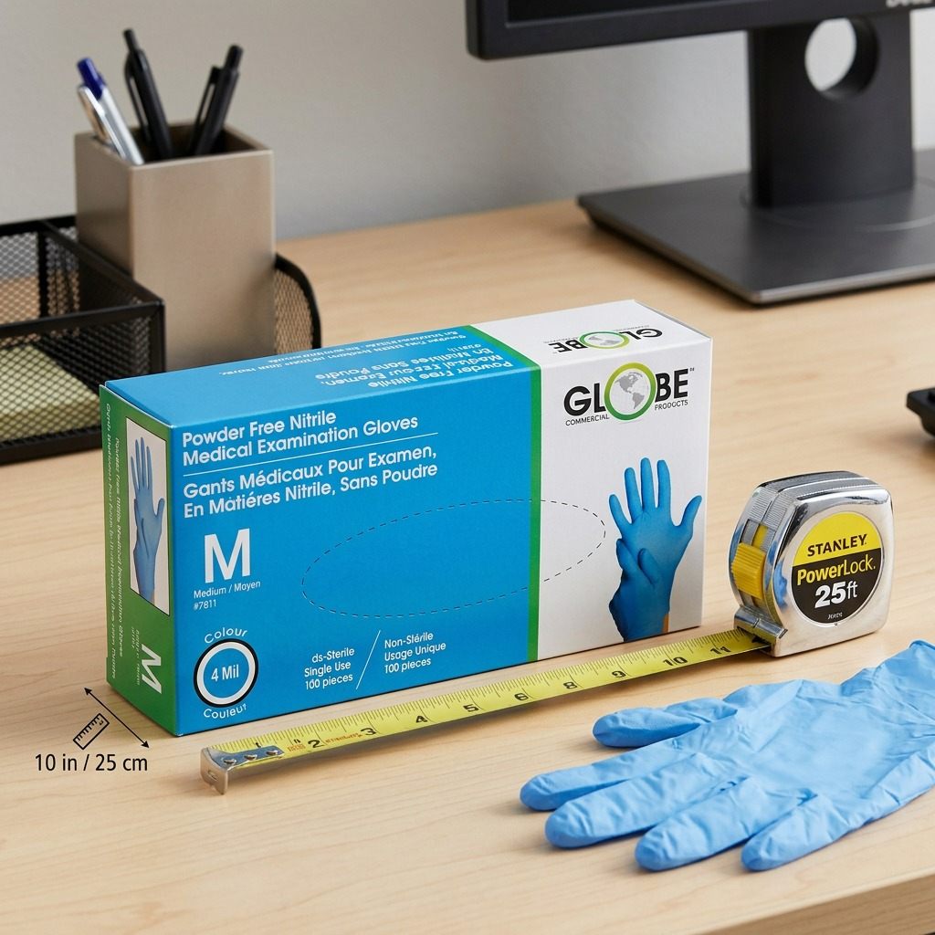 Box of Globe 4 mil powder-free sky blue nitrile medical exam gloves, medium size, 100 count.