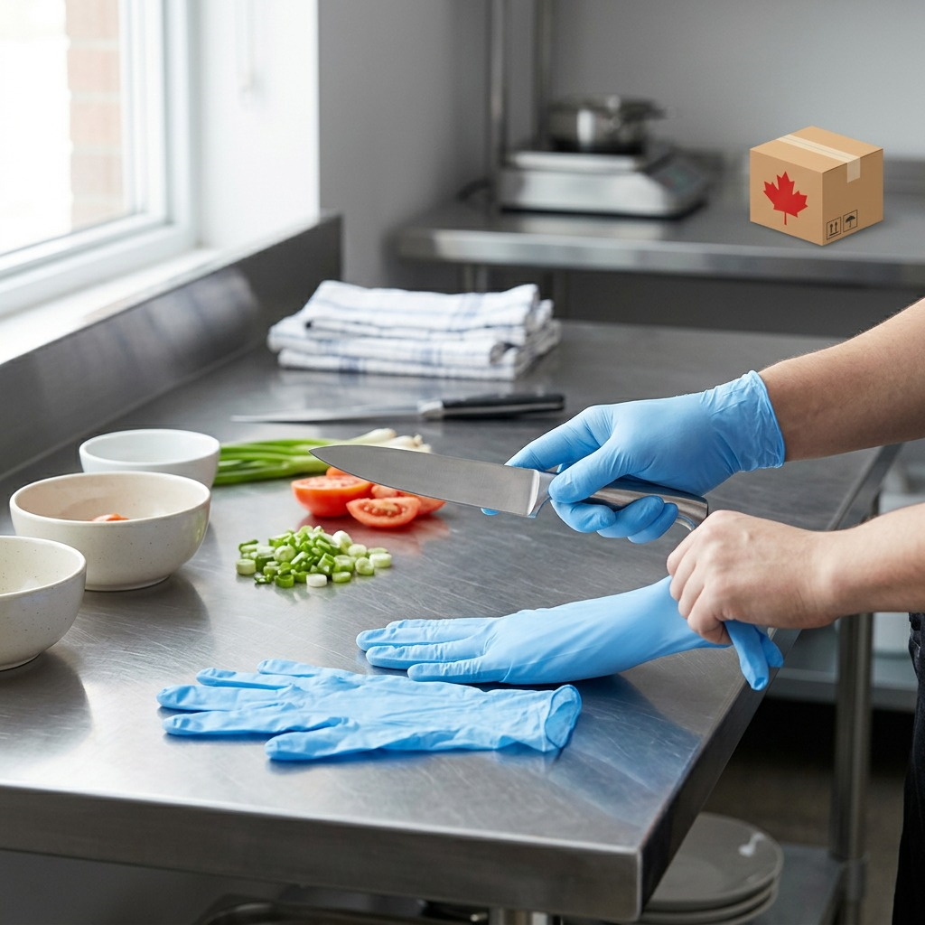 Person wearing Globe Sky Blue Nitrile Gloves for food prep in a commercial kitchen setting.