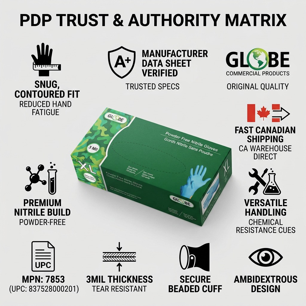 Globe Commercial Products Nitrile Gloves infographic highlighting 3mil thickness and fast Canadian shipping.