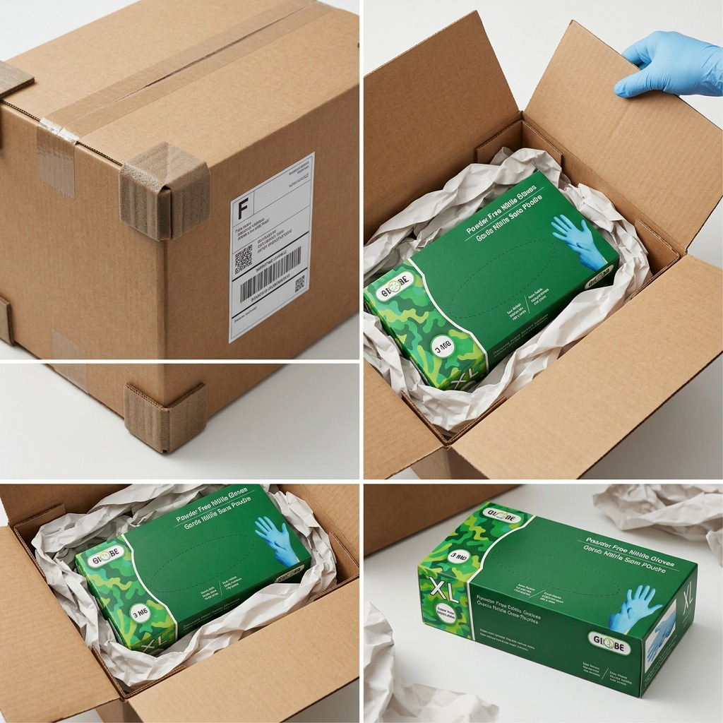 Unboxing Globe Commercial Sky Blue Nitrile Gloves (XL) from a securely packed shipping container.