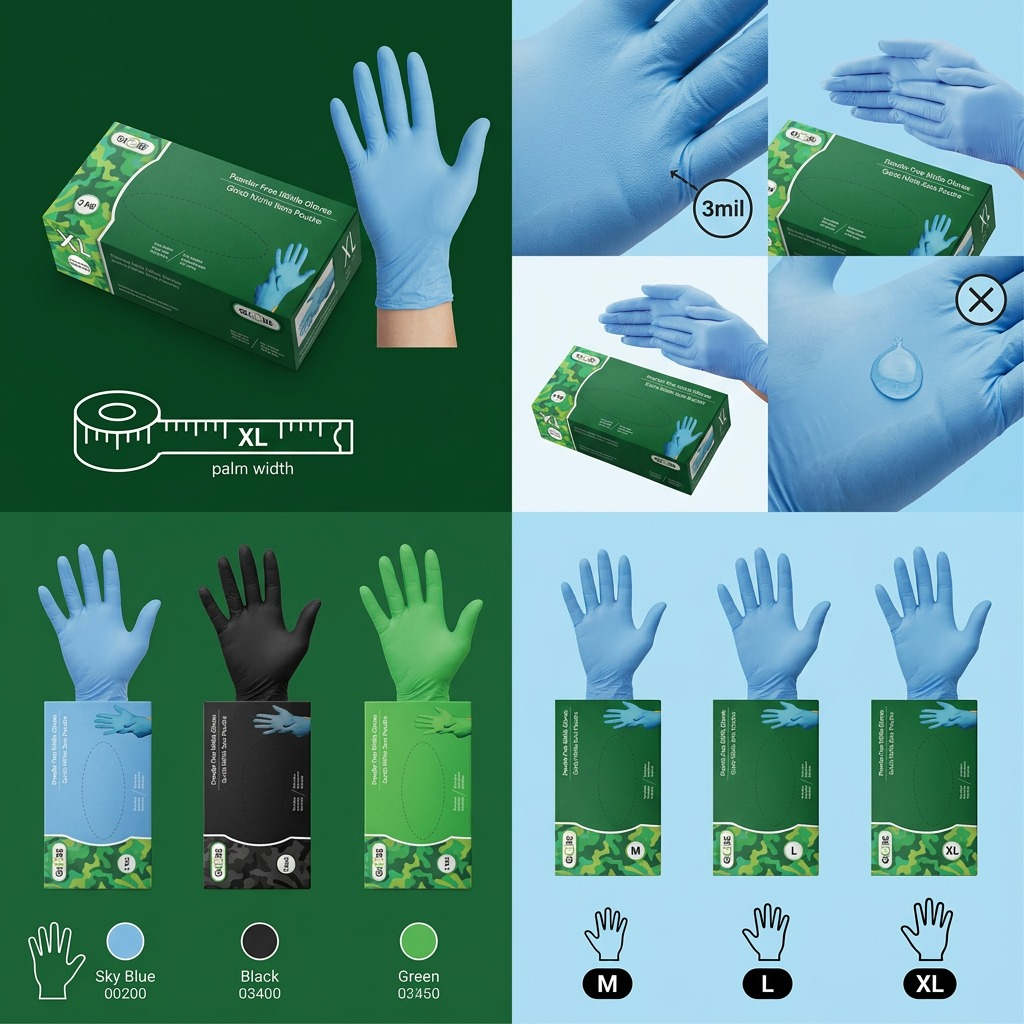 Matrix showing Globe Commercial 3mil nitrile gloves in Sky Blue, Black, and Green across sizes M-XL.