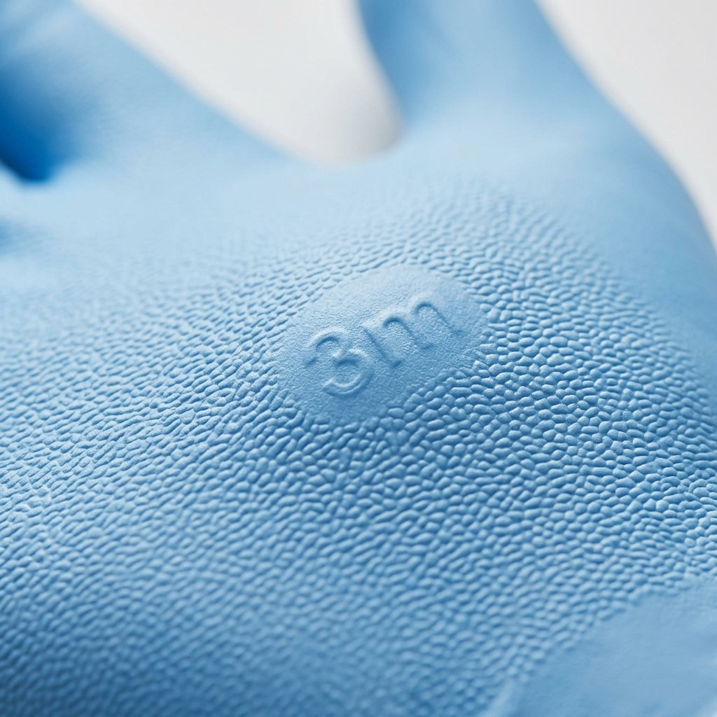 Macro detail of the textured surface on a Globe Commercial Products sky blue 3mil nitrile glove.