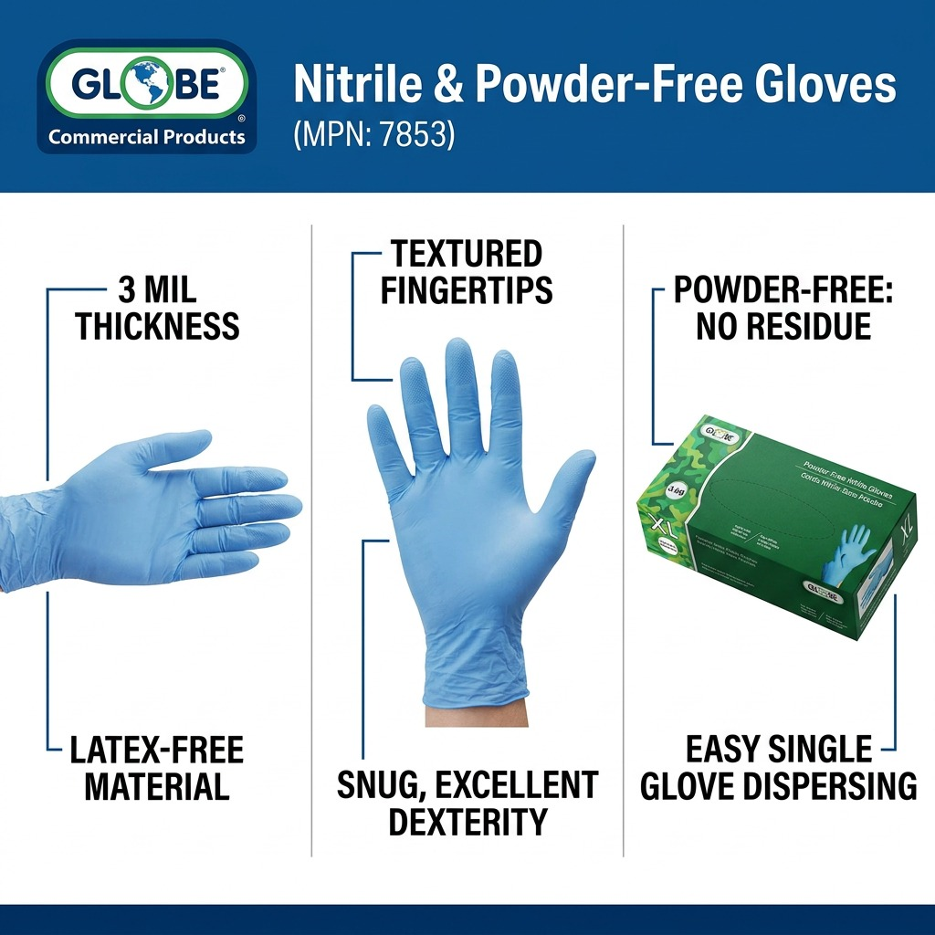 Globe 3 mil sky blue nitrile gloves feature chart: textured fingertips, latex-free, and powder-free.