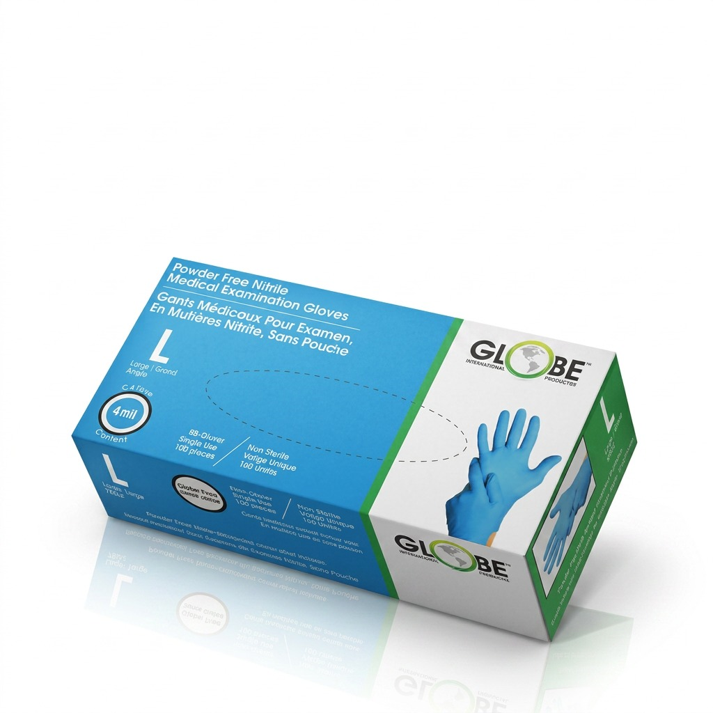 Globe brand box of 100 large powder-free sky blue 4 mil nitrile medical examination gloves.