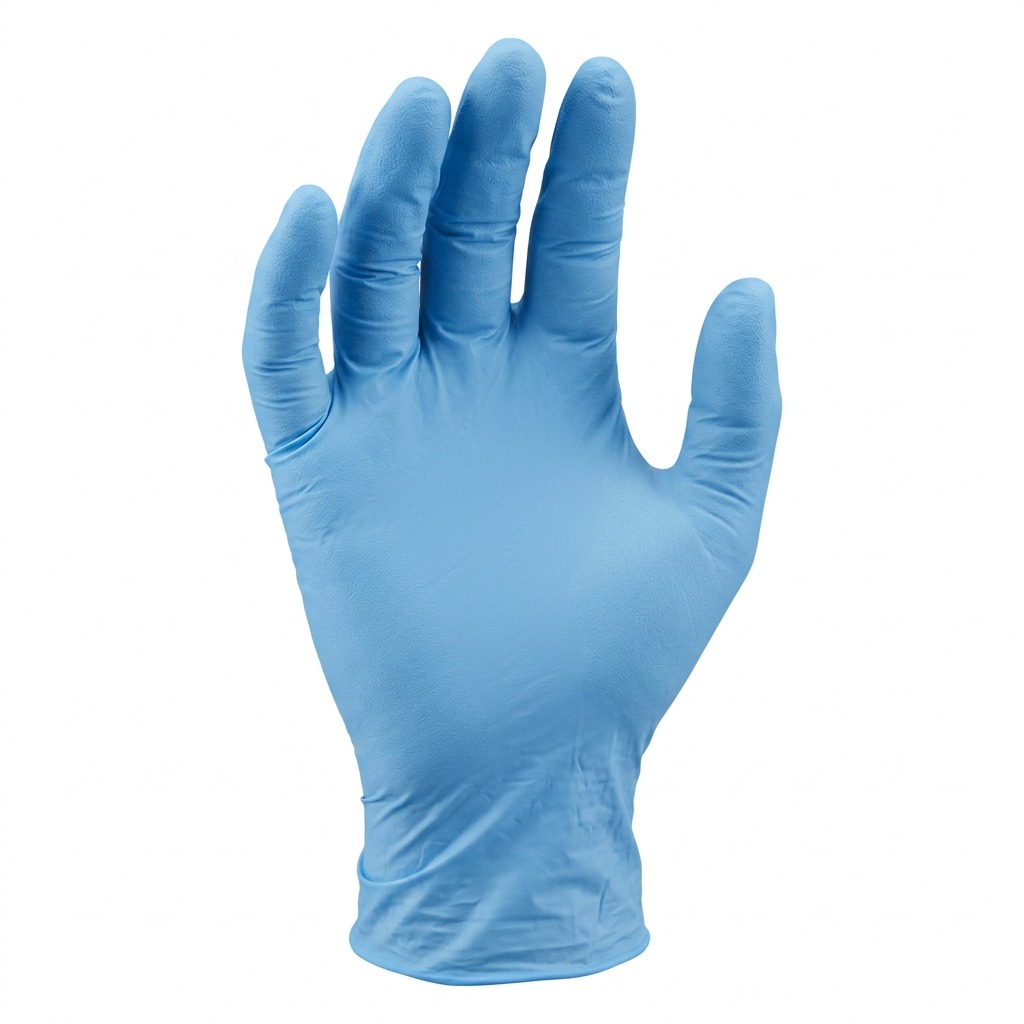 Single sky blue 4mil nitrile exam glove shown standing upright on a white background.