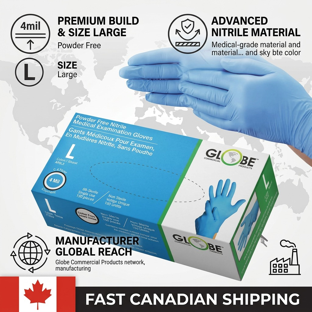 Globe brand box of 100 large powder-free sky blue 4 mil nitrile medical examination gloves.