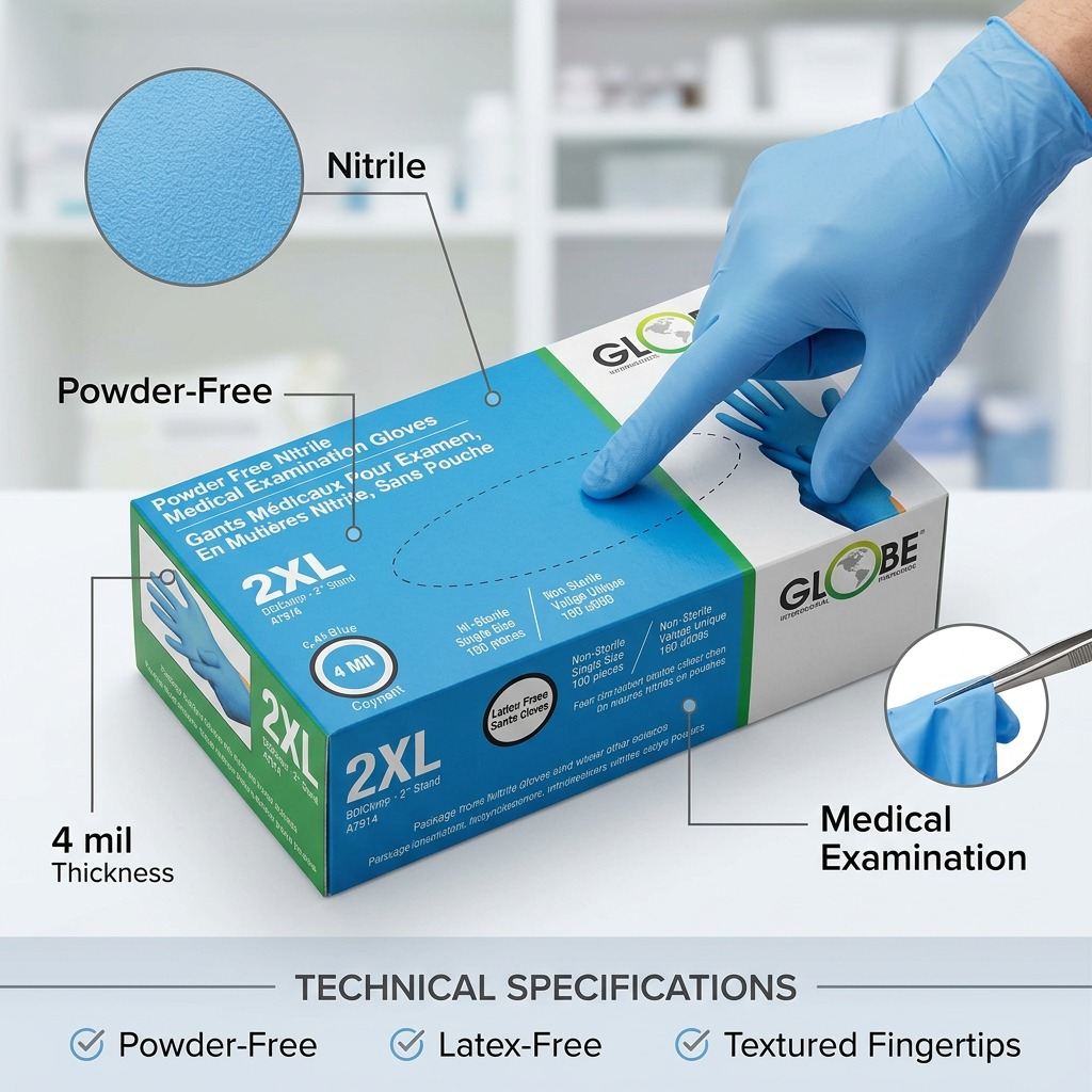 Single sky blue 4mil nitrile exam glove shown standing upright on a white background.