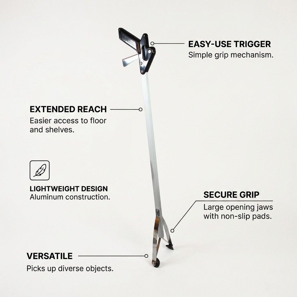 Feature diagram of Globe Commercial Products EZ Grabber highlighting trigger, reach, and grip.