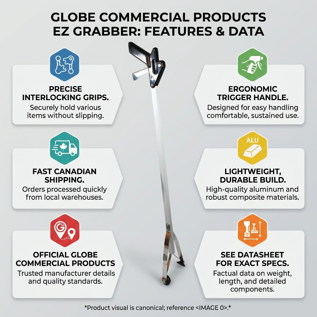 Infographic for Globe Commercial Products EZ Grabber detailing features, build, and specifications.