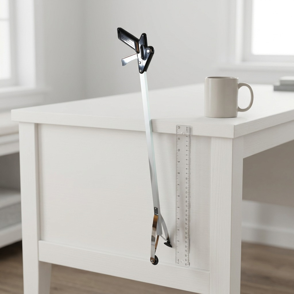 Globe Commercial Products 30-inch EZ Grabber reacher tool beside a ruler and desk for scale.