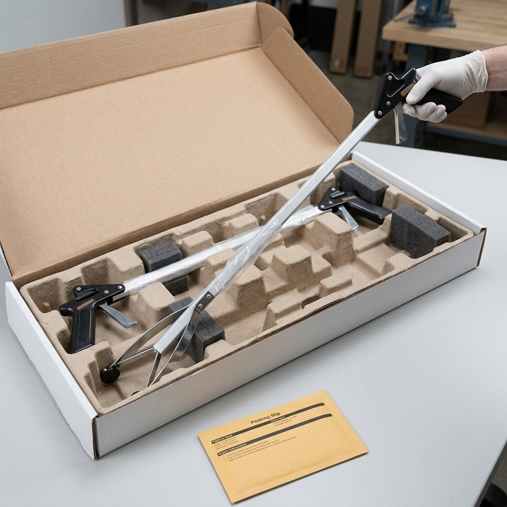 Gloved hand lifting a Globe Commercial Products EZ Grabber from protective molded packaging.