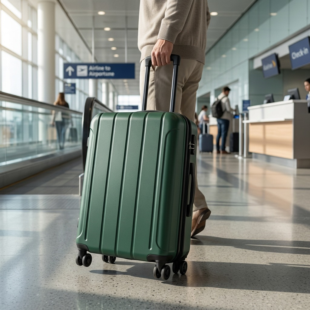 Forest Green Bugatti Osaka 24" luggage being wheeled through a bright airport terminal.