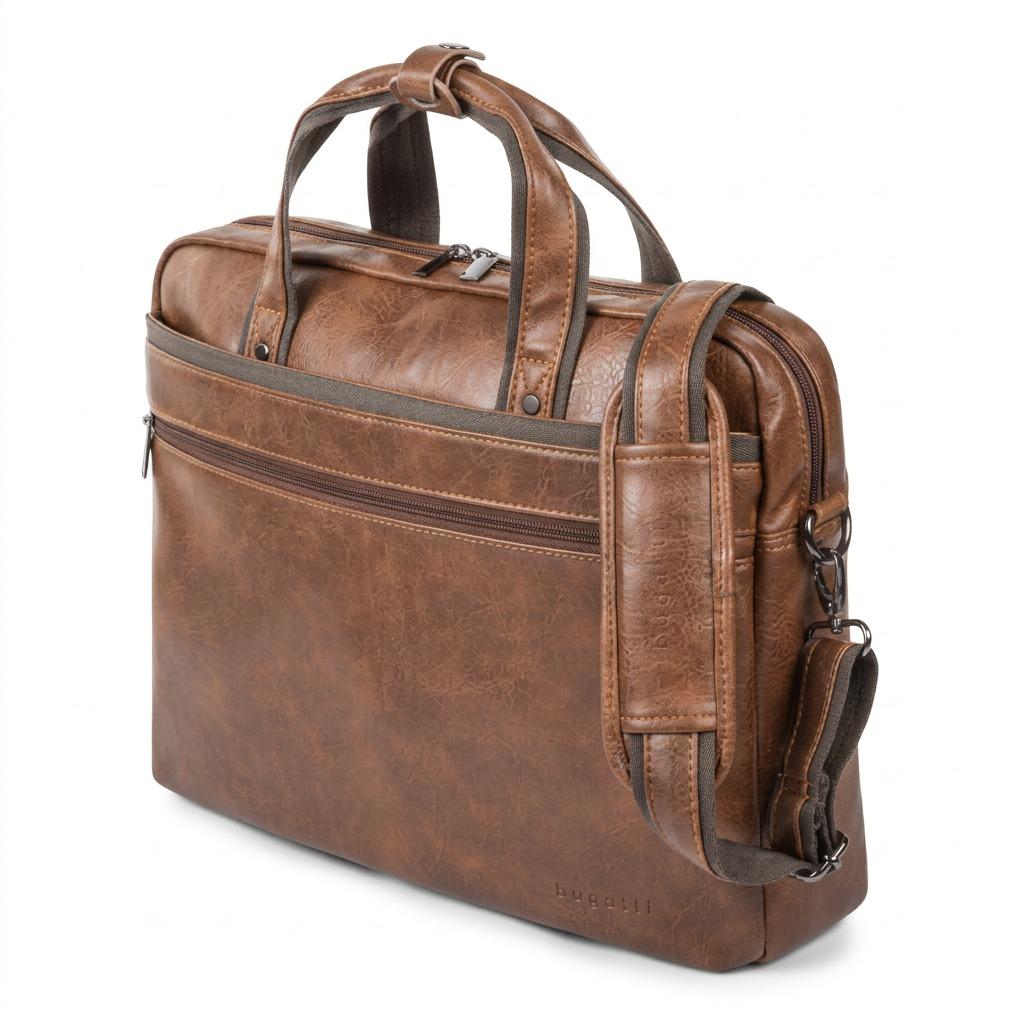 Bugatti Valentino cognac vegan leather briefcase with top handles and adjustable shoulder strap.