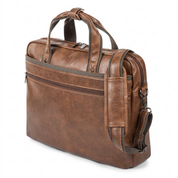 Bugatti Valentino cognac vegan leather briefcase with top handles and adjustable shoulder strap.