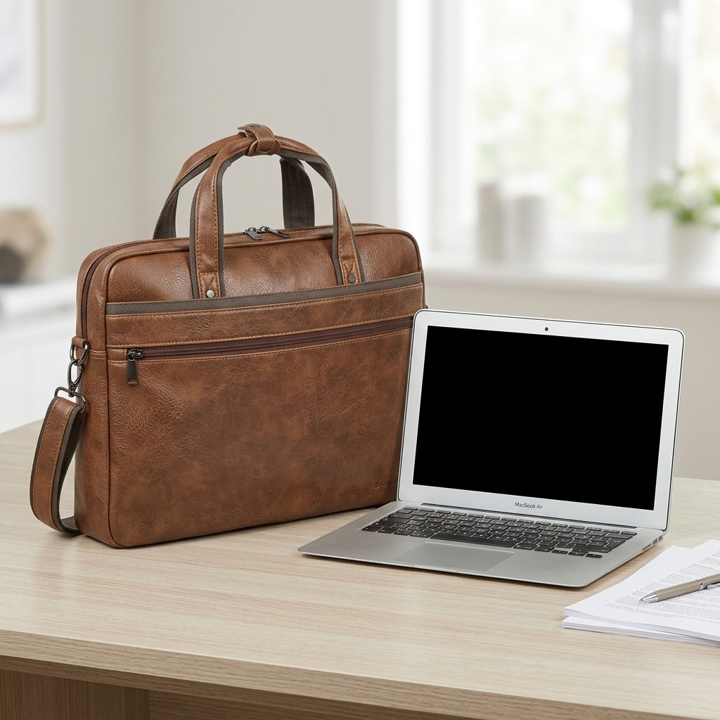 Bugatti Valentino cognac vegan leather briefcase with top handles and adjustable shoulder strap.