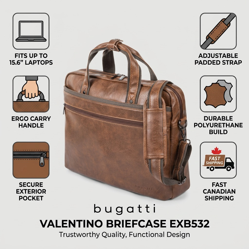 Bugatti Valentino EXB532 cognac briefcase infographic detailing laptop fit, strap, and material.