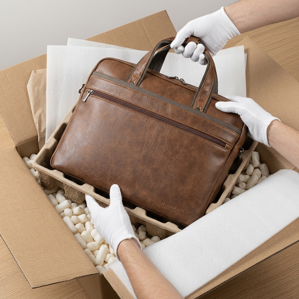 Hands in white gloves carefully lift a cognac Bugatti Valentino briefcase from a shipping box.