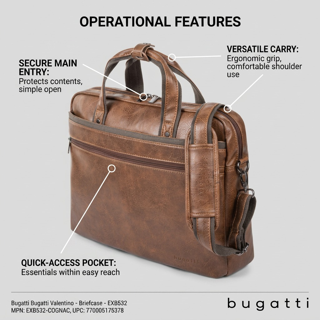Bugatti Valentino Briefcase in cognac vegan leather featuring carry handles and shoulder strap.
